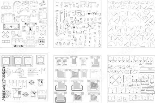 Furniture Layout Set: Living Room Sofas, Bedroom Beds, and Decorative Elements for Residential Interior Design and Architecture
