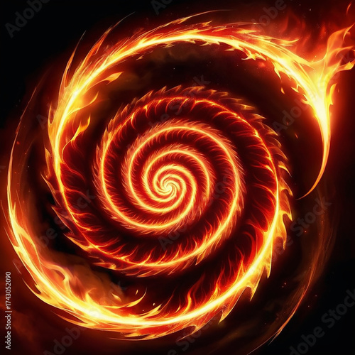 Vibrant fiery spiral vortex with glowing embers and dark smoky background, representing energy and power