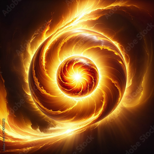 Fiery celestial orb with swirling golden energy and bright light emanating outwards against a dark cosmic background