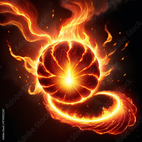 Abstract fiery orb with swirling flames and glowing core creating a dynamic and energetic visual effect against a dark background