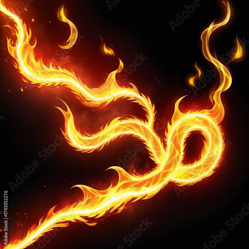 Majestic fiery dragon coiled and swirling with vibrant orange and yellow flames against a dark background, evoking power and mythical energy.