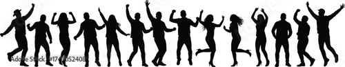 Jumping silhouettes, dancing people, celebration poses, energetic movement, happy crowd, black ncept, human emotion