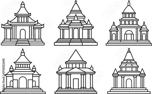 Set of temple outline vector illustration line art