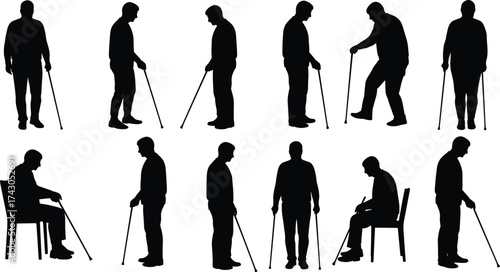 Silhouette of elderly man standing and sitting with walking stick, senior care concept, disability support, mobility aid, healthcare illustrationSilhouette of  