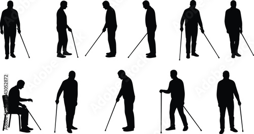 Silhouette of elderly man standing and walking with cane, senior mobility support concept, disability aid, aging health care illustration