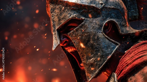 Portrait of spartan warrior with helmet on 