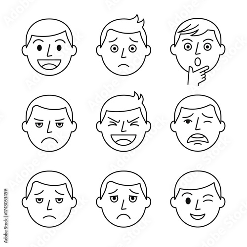 Human Facial Expression Line Icons Set – Emotions Faces Outline Vector for Mood and Psychology Design