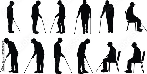 Silhouette of elderly man with cane, standing and sitting poses, senior mobility concept, disability support, health care illustration, aging aid