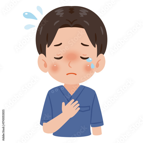 青色のスクラブを着た泣く男性　上半身イラスト／Crying man wearing blue scrubs　upper body illustration