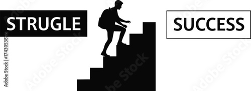 Achieving success overcoming struggle climbing stairs concept