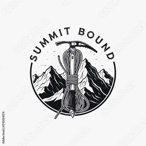 Vintage mountaineering logo with an ice axe and climbing rope.