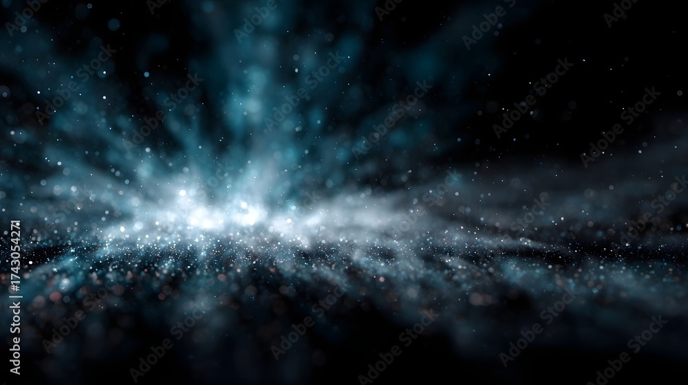 Naklejka premium Dynamic abstract explosion of glowing particles and light rays on a dark cosmic background