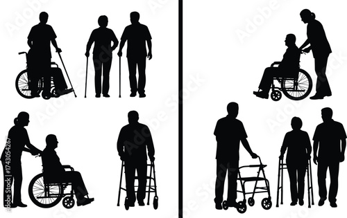 Mobility assistance silhouette, caregiver support, wheelchair user, walking aid, cane help, healthcare vector, elderly care, black illustration, disability awareness