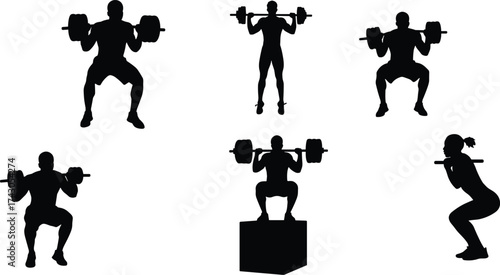 Weightlifting squat exercise silhouette, gym workout poses, fitness training illustration, bodybuilding athlete strength concept, powerlifting form, sports activity art, silhouette flat vector
