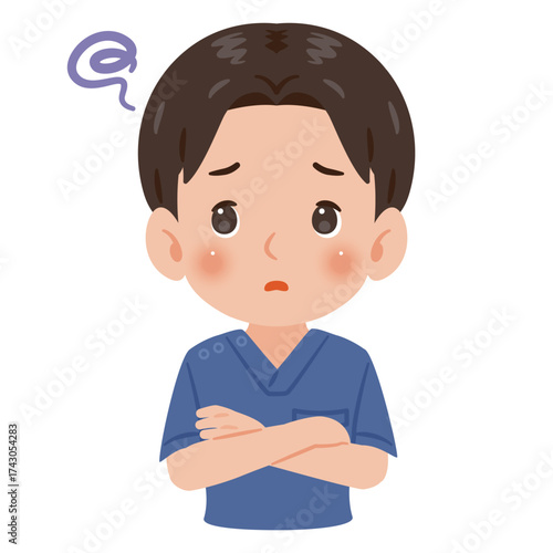 青色のスクラブを着た困る男性　上半身イラスト／Troubled man wearing blue scrubs　upper body illustration