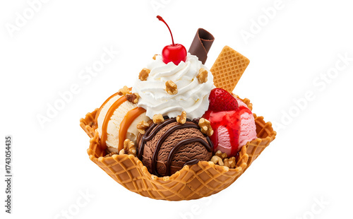 Waffle bowl filled with ice cream sundae, set against a white background