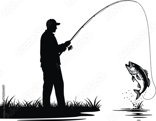 Silhouette of fisherman reeling in big fish with fishing rod by lakeside, outdoor recreation, nature adventure, peaceful fishing moment.