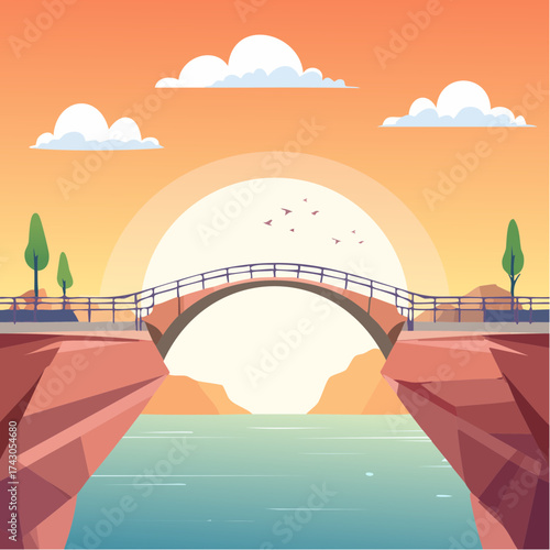 A serene flat illustration of a stylized arched bridge connecting two cliffs over a deep chasm during a golden sunset