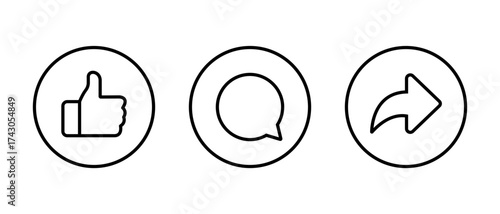Like, comment, and share icon. Social media activity and feedback symbol in circular outline
