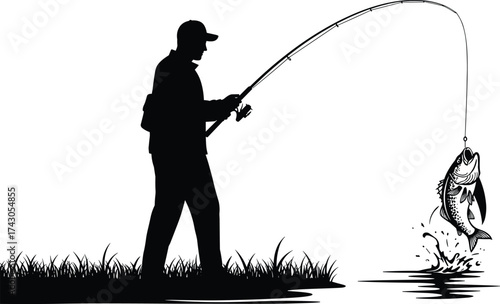 Silhouette of fisherman catching big fish with fishing rod by river, outdoor fishing activity, relaxing hobby scene at sunrise water.
