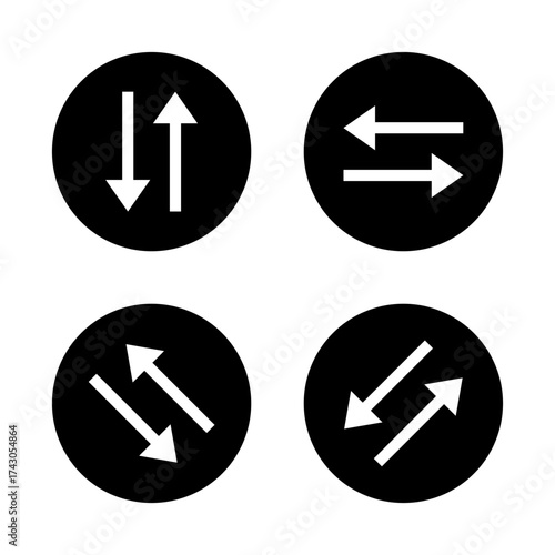 Swap vertical and horizontal arrow icon in black circle. Diagonal arrows symbol. Double sign navigation