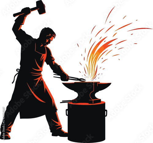 Blacksmith forging metal with hammer and anvil vector graphic