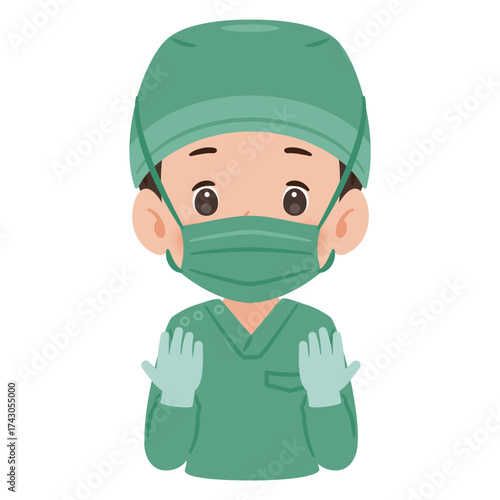 緑色の手術着を着た男性　上半身イラスト／Man wearing green surgical gown　upper body illustration