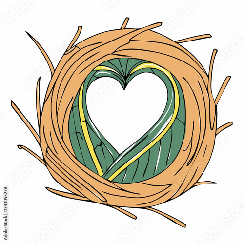 nidality of fondness woven nest cradling heart earthen brown moss green eco brand logo sustainable packaging sticker artisan craft market identity vector emblem