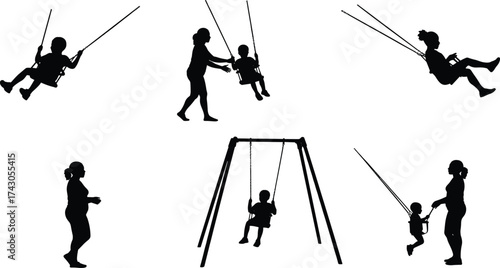 Mother and child swinging silhouette, outdoor playground activity, family bonding time, parenting love, happy childhood moments, caring parent illustration, silhouette flat vector
