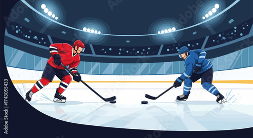 Two Hockey Players Face Off on Ice Rink Ready to Compete for Puck.