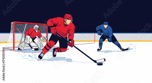 Dynamic Hockey Action Players in Red and Blue Compete on Ice.