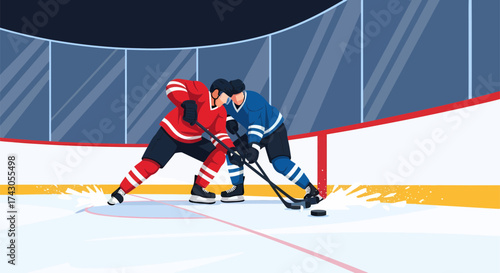 Hockey Players Face Off Battling for Puck in Intense Ice Arena Action.