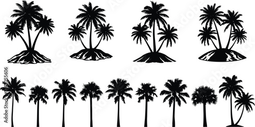 Palm tree silhouette illustration, tropical island, beach design, summer vibe, exotic nature, black vector, landscape art, vacation theme, decorative graphic