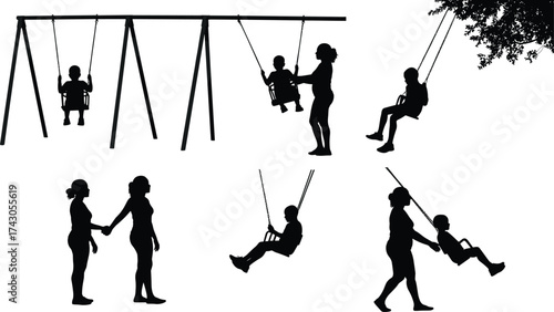 Mother and child on swing silhouette, playground family activity, parenting love moment, outdoor leisure time, happy childhood memories, silhouette flat vector