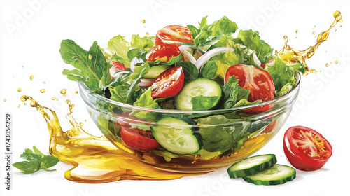 Colorful salad ingredients flying into a bowl with fresh greens and dressing