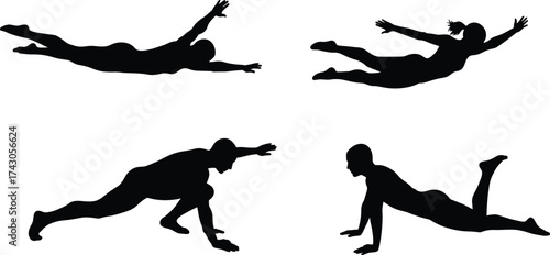 Silhouette of man and woman doing fitness exercises, workout training poses, stretching, yoga, and strength body movement illustration design