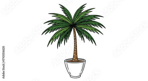 A potted palm tree with lush green fronds stands tall in a white planter on a white background.