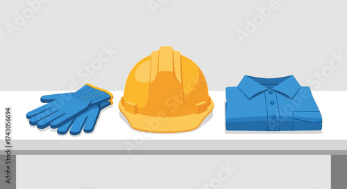 Safety gear and work clothes laid out on a flat surface, including gloves, a hard hat, and a folded shirt, symbolizing occupational protection