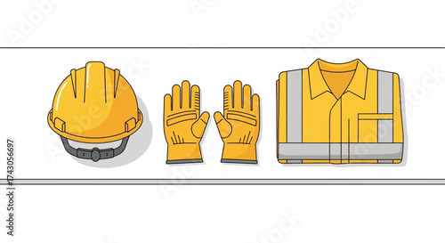 Essential personal protective equipment (PPE) for workplace safety, featuring a hard hat, high-visibility vest, and protective gloves in a clean vector illustration set