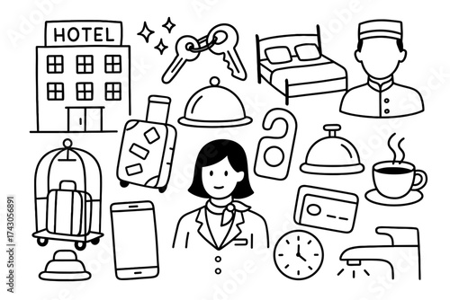 Hotel-themed doodle vector set featuring various icons and symbols  