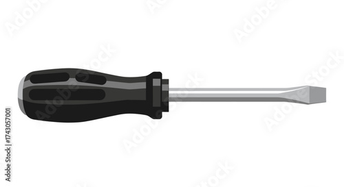 Close-up of a black handled flathead screwdriver, perfect for home improvement and repair tasks