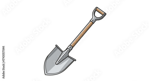 Hand-drawn vector illustration of a sharp steel digging shovel with a wooden D-handle, a classic tool for gardening, construction, and manual labor concepts