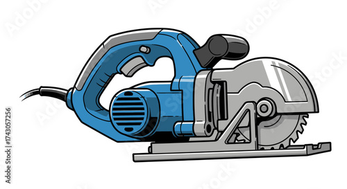 Illustration of a circular saw, a common power tool used for cutting wood and other materials with a rotating blade, on a white background