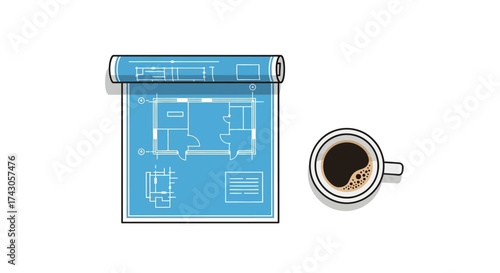 Architectural blueprint scroll with detailed house plans laid out, accompanied by a steaming cup of coffee, symbolizing meticulous design work, project planning, and an essential work break