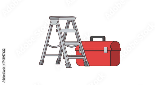 Essential tools for home maintenance and DIY projects, featuring a sturdy stepladder and a classic red toolbox, perfect for various household repairs and upgrades