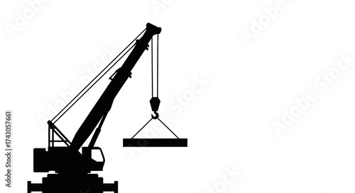 Vector silhouette of a heavy-duty mobile crane lifting a large slab, illustrating concepts of construction, engineering, and industrial development