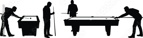 Silhouette of men playing pool and snooker at table, cue sport illustration, indoor recreation, leisure competition, billiards game design