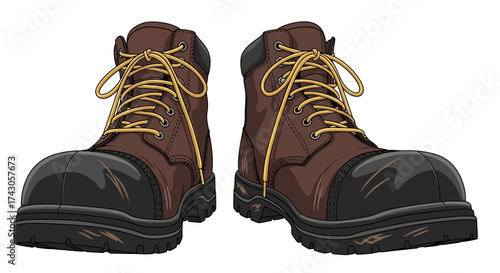 A pair of sturdy brown work boots with black rubber toe caps and yellow laces, designed for durability and protection