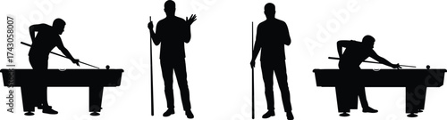 Silhouette of men playing pool and snooker, cue sport illustration, billiards players at table, indoor leisure competition concept art