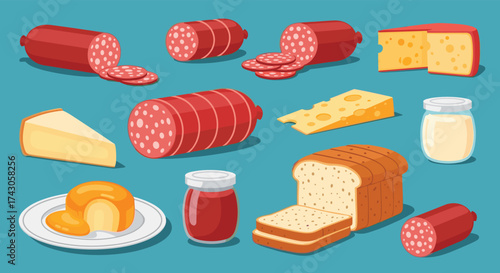 A delicious assortment of cured meats cheeses and baked goods displayed on a vibrant blue background.